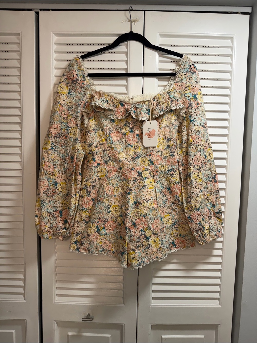 L'ATISTE By Amy 
Cream Multicolor Floral Off-Shoulder Eyelet  Romper